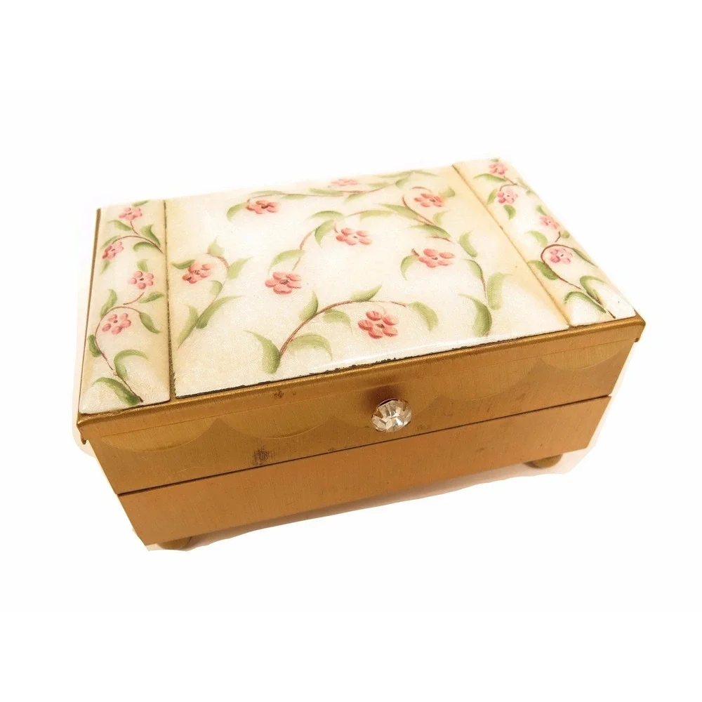 ANTIQUE RARE PINK FLOWERS GREEN LEAVES GUILLOCHE ENAMEL TIERED JEWELRY BOX